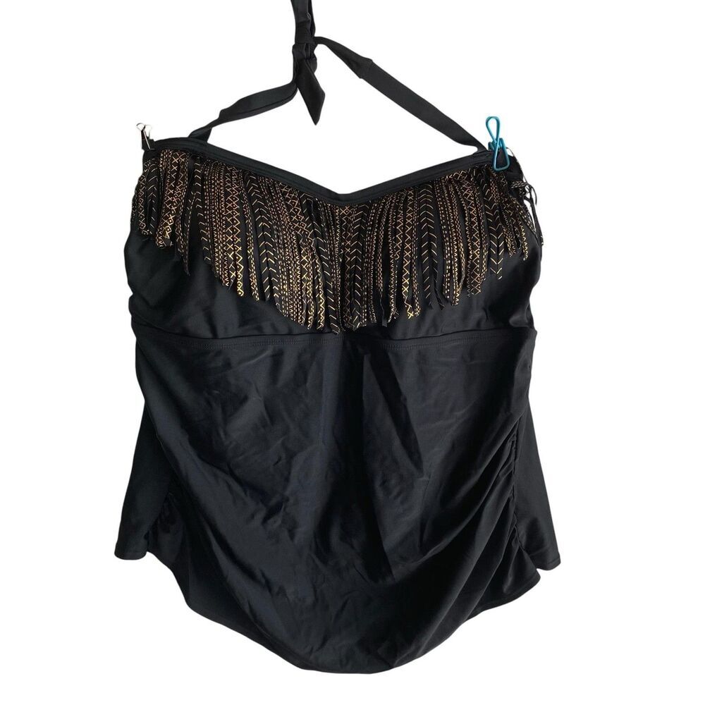 Pure Energy Tankini Swim Top Womens 22W Black Halter Geometric Embroidered Plus